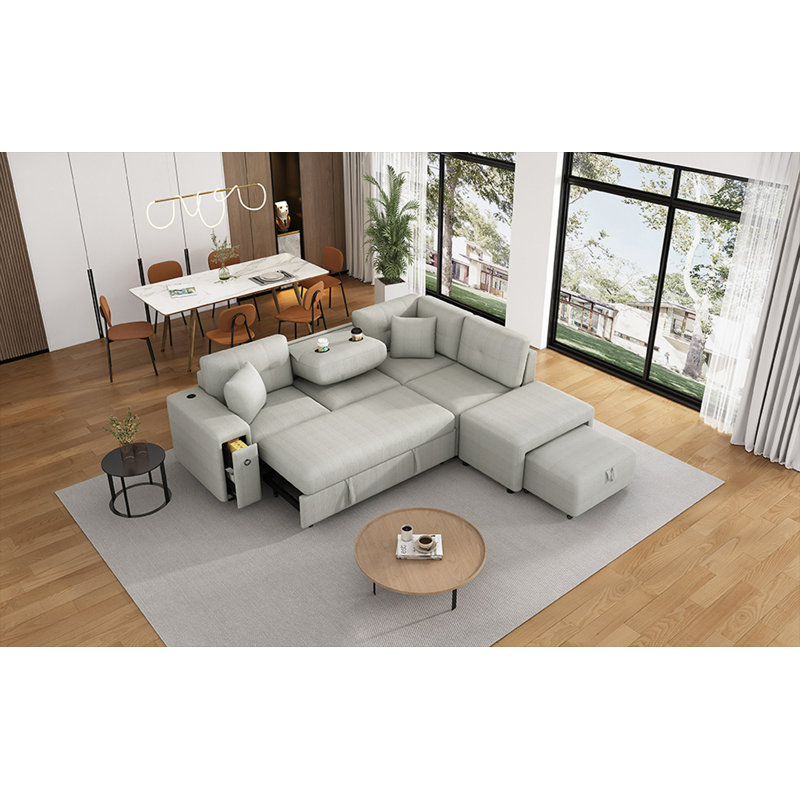 Canapé-lit modulaire 86,6 po avec canapé-lit amovible, deux ports USB et deux porte-gobelets pour le salon, Gris