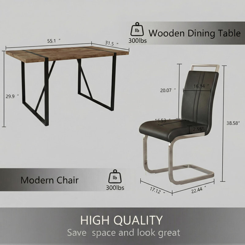 Modern Janssen With Rectangular Table & 4 Pu Leather Chairs, Black/Silver
