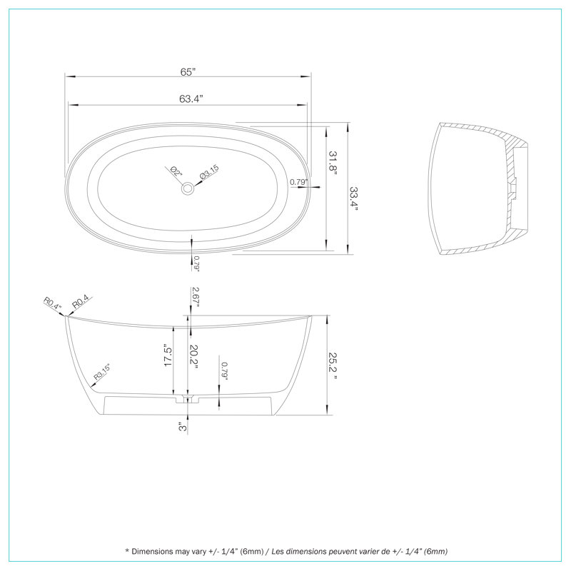 Baignoire de trempage ovale autoportante blanche matte de 65 po avec drain central, trop-plein et conception moderne sans soudure Weldon