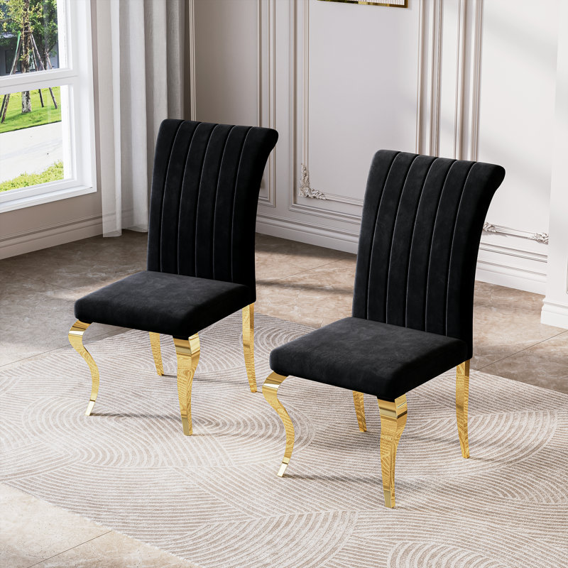 18.5”H Modern Dining Chairs, Arm Less Chair With Polished Stainless Steel Legs, Gold, Black