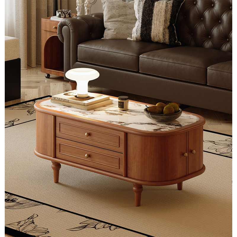Table basse élégante en bois massif, marbre et rangement