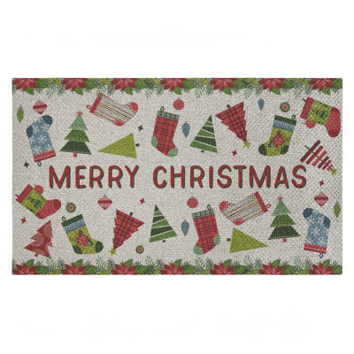 Tapis de porte d'extérieur Christmas Merriment Stockings, par Suzanne Nicoll, 18 po x 30 po