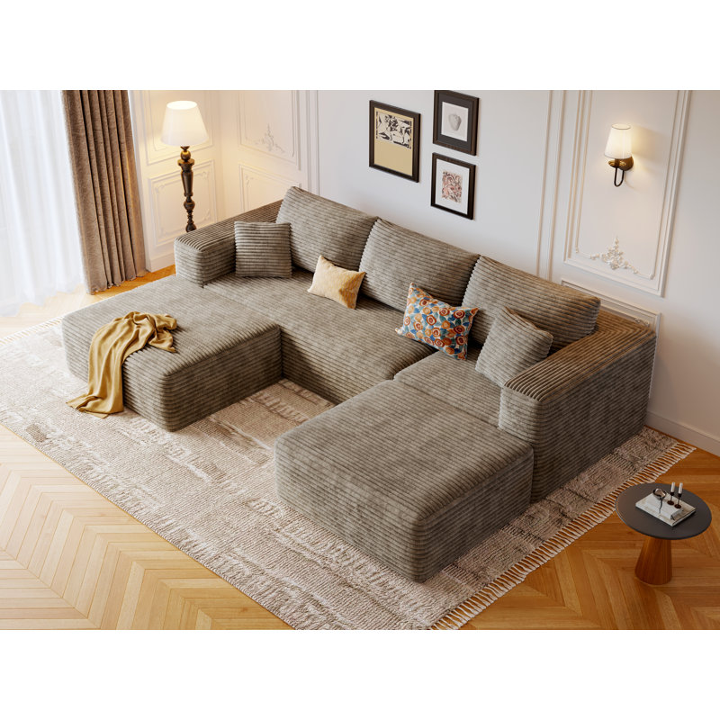 108.1"Cloud Couch Sectional Modular Sofa.Comfy U Shape Boneless Couches for Living Room.Deep Seat Plush Corduroy Couch Sectional Memory Foam Floor Sofa(Khaki)