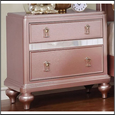 2 Drawers Wooden Nightstand With Mirror Trim, Rose Gold