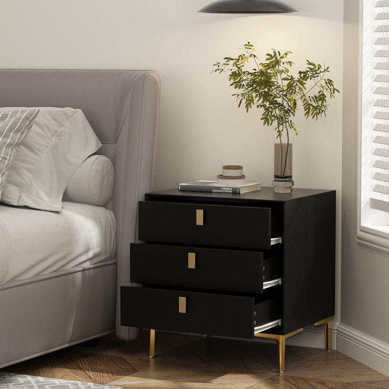 3 - Drawer Nightstand With Metal Legs, Black
