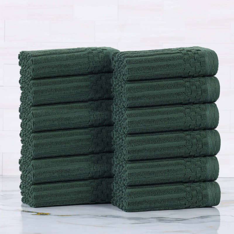 Soho Spa Highly Absorbent Cotton 12 Piece Face Towel Checkered Border Towel Collection, Face Towel 12-Pack, Forest Green