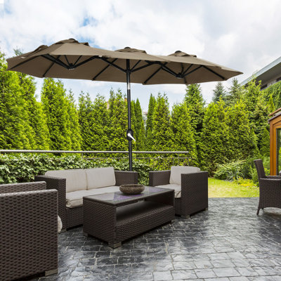 Grand parapluie de marché extérieur double face 9,5 pi avec bouton poussoir inclinable et manivelle, 3 bouches d'aération et 12 nervures, pour le jardin, la terrasse, la piscine