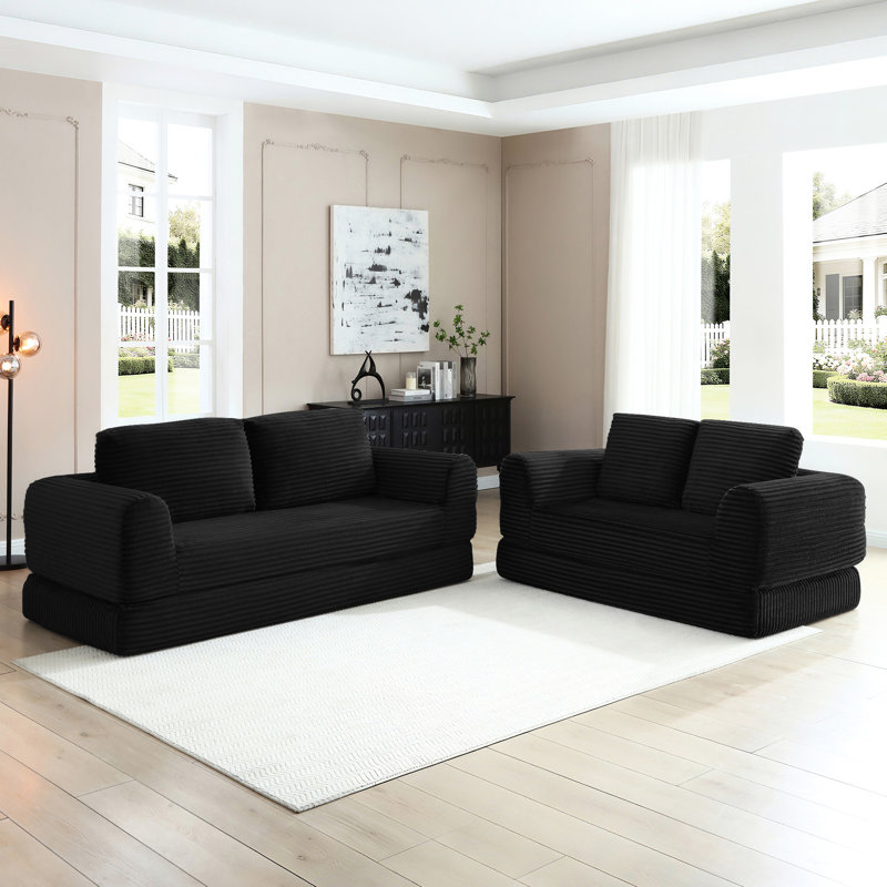 Lit convertible Corduroy 21 avec 2 coussins, conception modulaire, lit escamotable, noir, confort semblable à un nuage, cadre, aucun assemblage requis pour le salon futon moderne, fonctionnel, siège mi-moelleux,