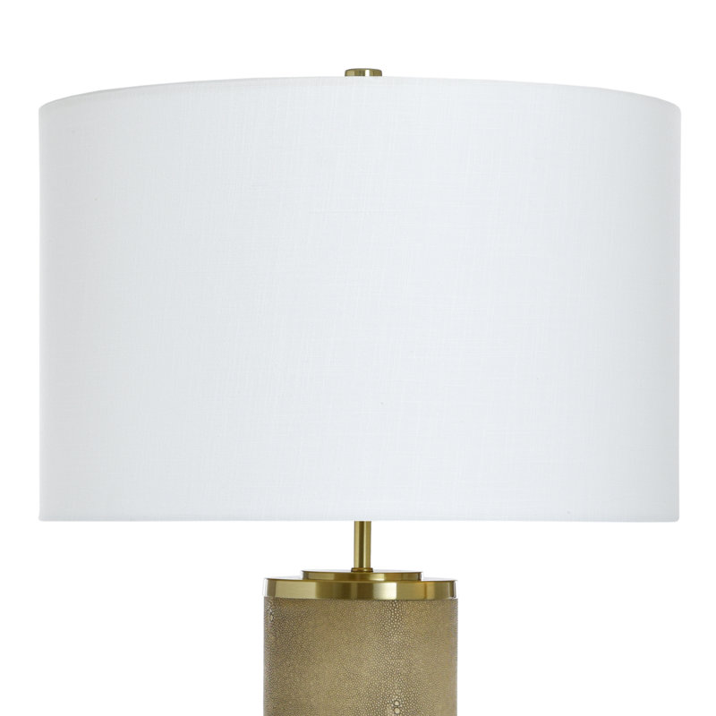 Tan Shagreen Pattern Table Lamp with Brass Accents and Off-White Shade