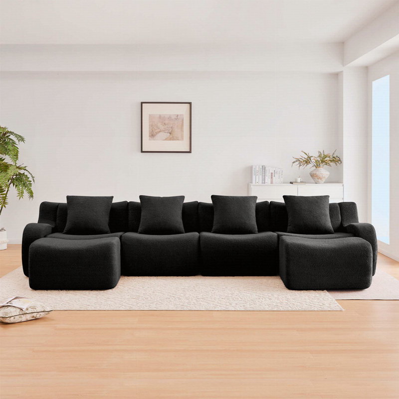 Boneless U-Shaped Boneless Sofa, Teddy Fabric No Assembly Required Curved Armrest, Anti-Slip Design, Streamlined Design 32D High Density Sponge, Full Compression Vacuum Packag