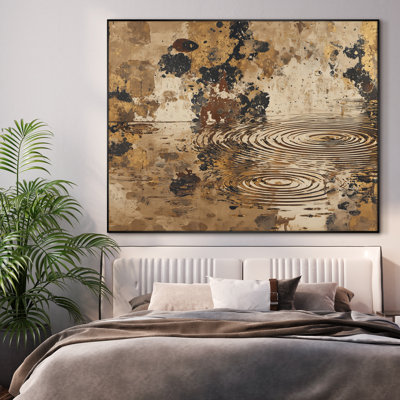 Extra Large Wall Art Fabric Print - Vintage Gold and Black Water Ripples Abstract Artwork Decor for Living Room or Bedroom - "Frame Assembly Required (Unfinished Frame)"