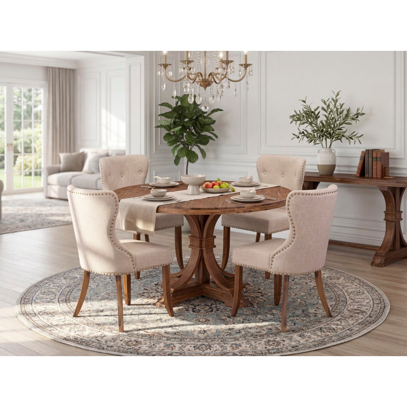 5-Pc Dining Set consists of a Pedestal Dinner Table and 4 Light Tan Linen Fabric Kitchen Chairs with Button Tufted- Antique Walnut