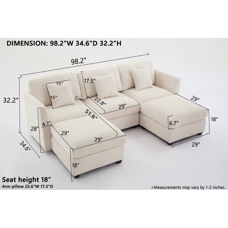 5-piece Modular Sectional Sofa With 2 Ottomans, Beige Corduroy