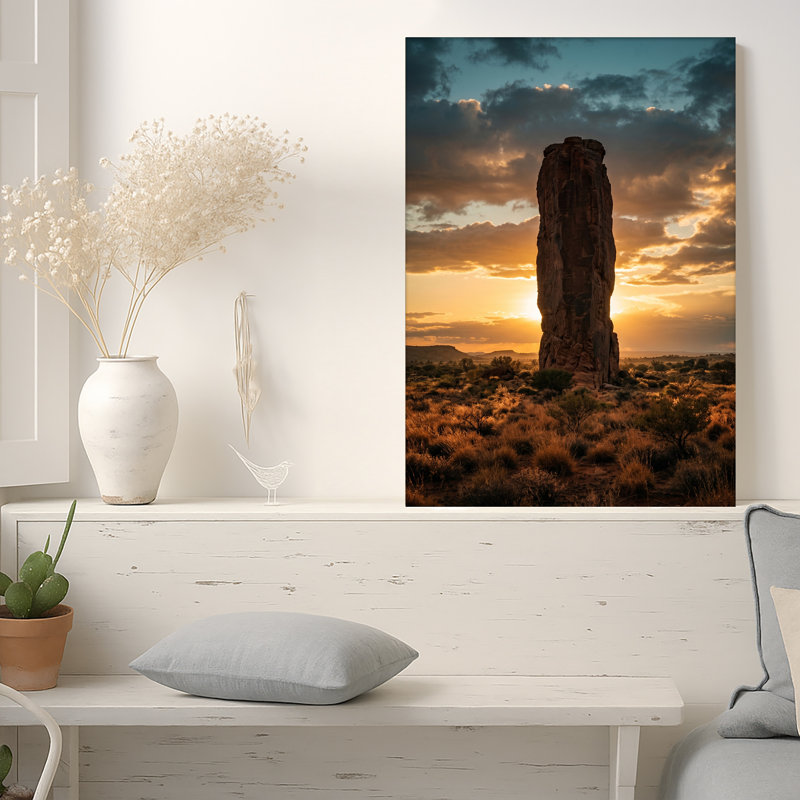 «Tall Rock Spire In Desert Landscape At Golden Sunset», art mural sur toile, 30"H x 20"W