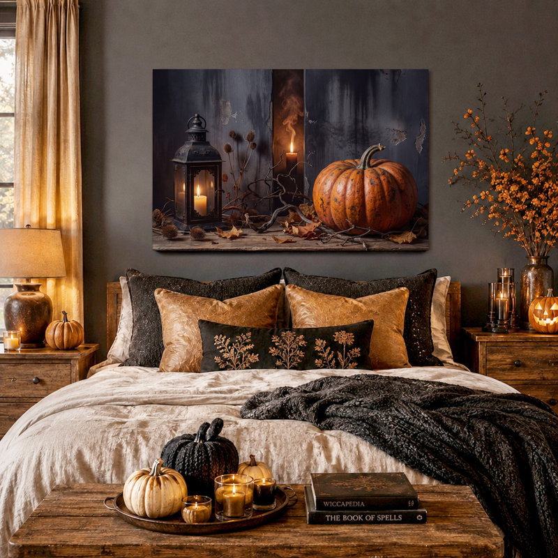 Toile orange citrouille orange et lanterne avec toile d'Halloween séchée, H 18 po x l 24 po