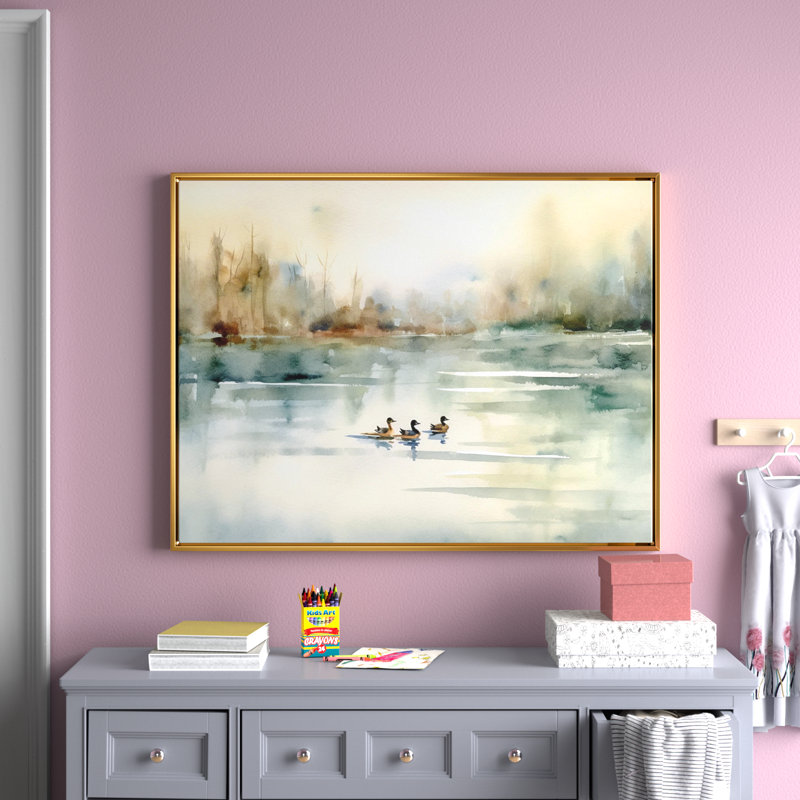 «Ducks in Pond I» - Art mural sur toile, Doré, H 34 po x l 44 po, Reproduction avec cadre flottant