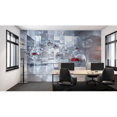 Spheres Wallpaper – Modern Futuristic Mirror Box Illusion Mural For Office, Game Room Or Minimalist Interior With Geometric Reflective Style 