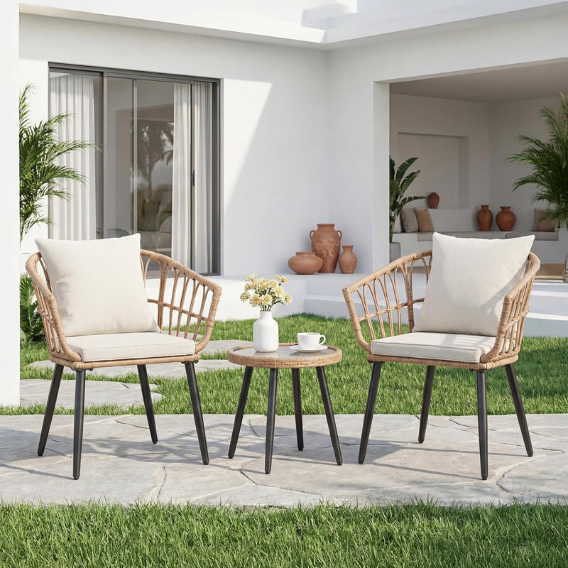 Patio Conversation Set Outdoor Wicker Furniture Sets Rattan Chair With Coffee Table For Yard And Bistro, Beige/Brown