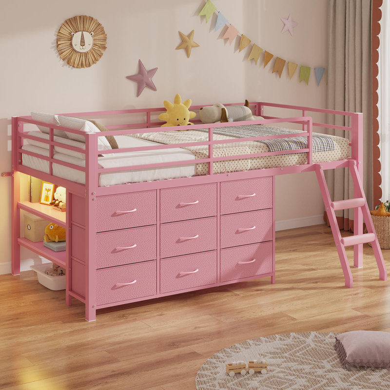 Twin Size Loft Bed With Led Lights,9 Drawers Dresser, 2 Storage Shelves & Stairs, Low Metal Loft Bed Twin With 13.8in Guardrail, Space Saving