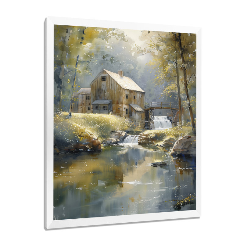 Gris, vert, été, refuge de campagne, moulin I - moulins, art mural, salon, Cadre simple blanc, bois massif, H 30 po x l 40 po