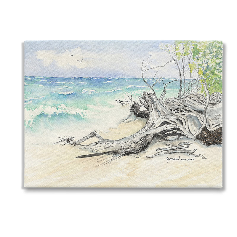 «Beach Driftwood Landscape», art mural sur toile par Christine Reichow, H 30 po x l 40 po