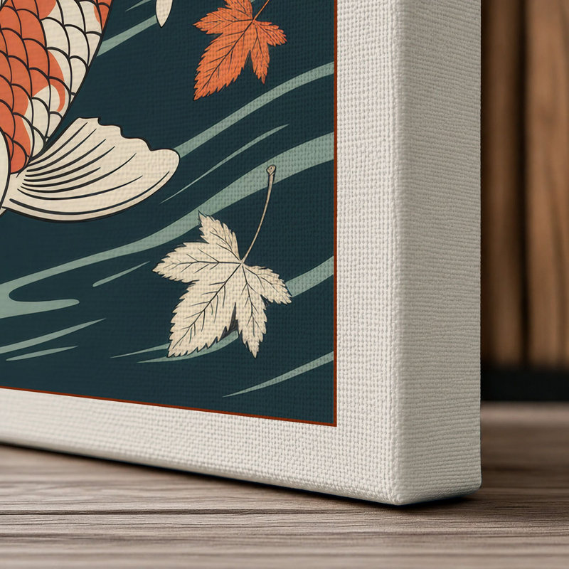Koi Among Falling Leaves Japandi 1 Piece Wrapped Canvas Wall Art, 36x24 - 91.4 x 61.0 cm, Cream Border