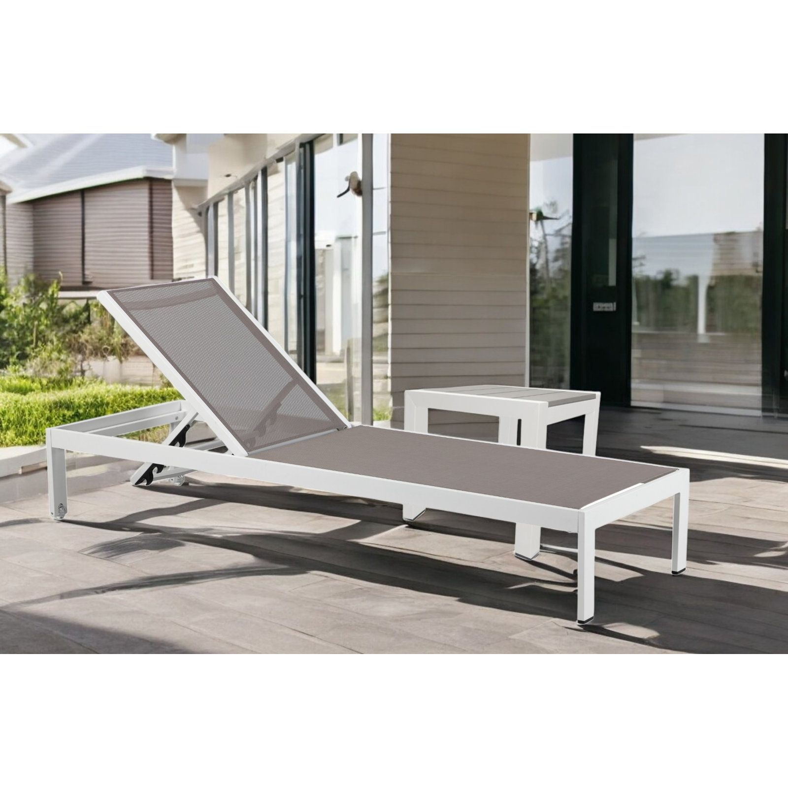 Aynura 76" Long Reclining Chaise Lounge Set with Table, Gray, White