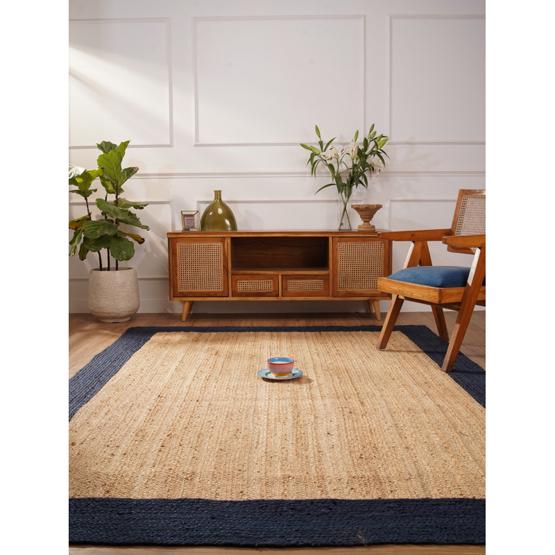 Wiedman Hand Woven Jute Eco-Friendly Solid Area Rugs - Rectangle, Beige Blue Color, Contemporary Modern Design, Low Pile, Natural Fiber, Outdoor Indoor Handmade Area Rugs for Living Room, Bed Room