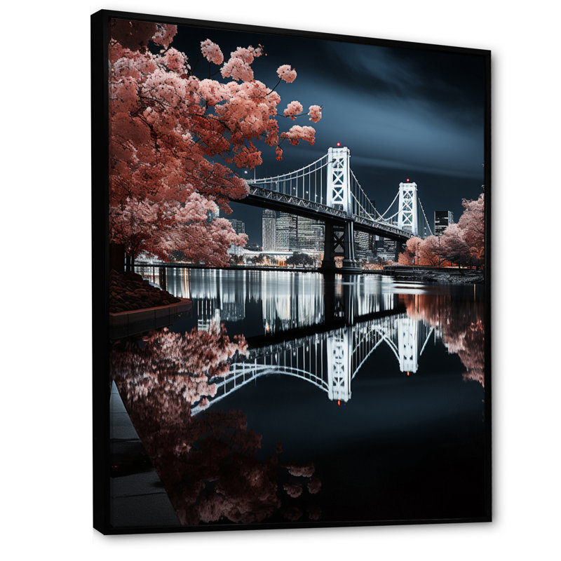 Magnifique pont urbain illuminé, H 32 po x l 24 po x P 1 po, Cadre flottant noir