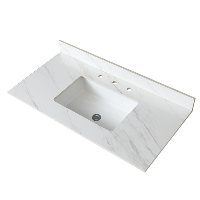 Plan de toilette en pierre frittée blanche de 43 pouces avec dosseret de 4 pouces et finition lisse, trous pour robinetterie intégrés