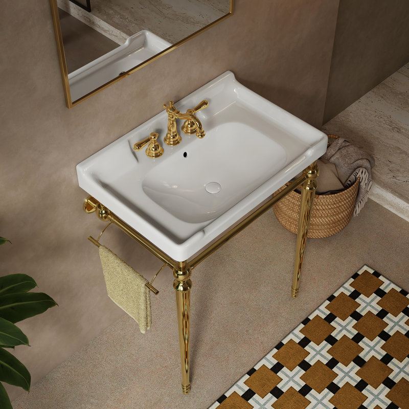 28" Bathroom Console Sink, Wall - Mounted White Ceramic Vanity Basin, 3 Pre Drilled Faucet Holes, Gold, Stainless Steel Support With Towel Bar, High Performance, Easy To Clean, Scratch , No Standard