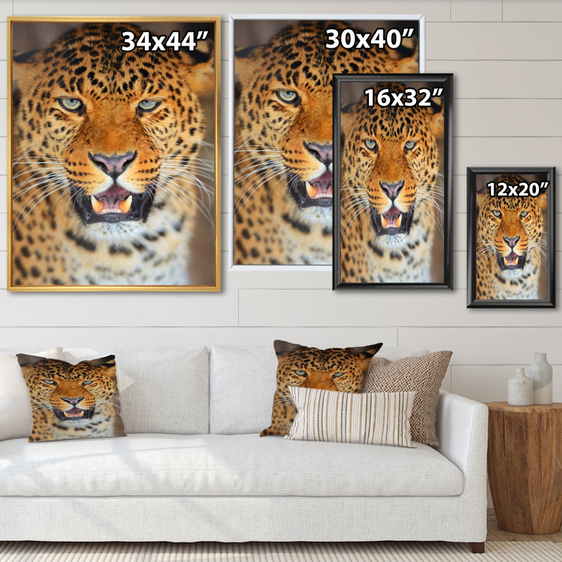 Portrait d'un léopard - peinture sur toile, H 44 po x l 34 po, Toile avec cadre en érable