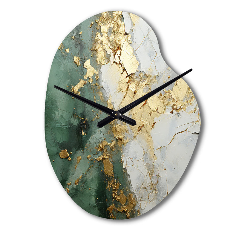 Or et vert peinture fusion - peinture abstraite horloges murales asymétriques en métal, impression d'horloge murale de forme unique beige