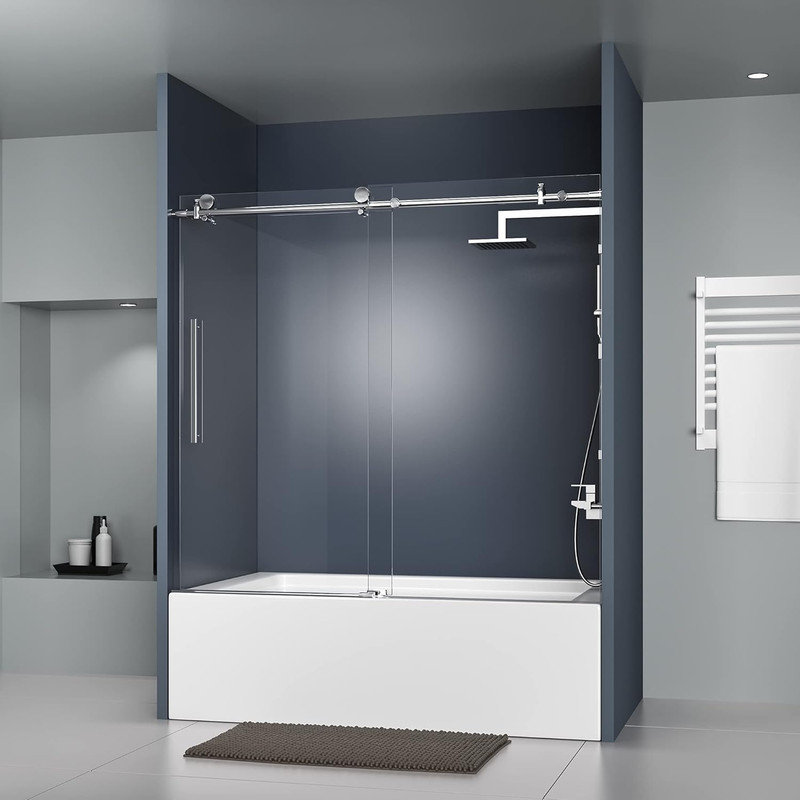 Sliding Shower Door 55-59" W, Brushed Stainless Steel Glass Door with Seal Strip & Handle, Satin Nickel