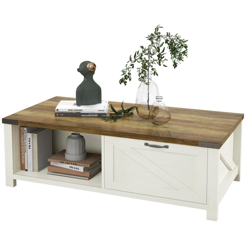 Farmhouse Coffee Table With Storage Drawer, Rustic Coffee Table For Living Room, Open Shelf