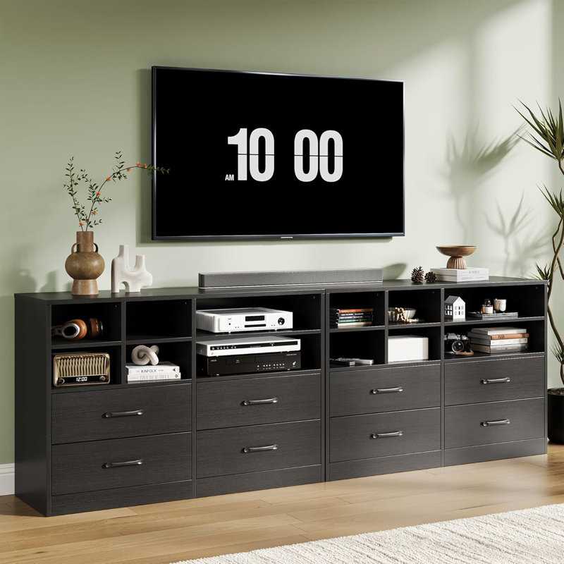 Commode 4 tiroirs avec 6 casiers ouverts réglables, commode moderne en bois noir, commode peu encombrante, armoire de rangement multifonctionnelle pour vestibule de salon