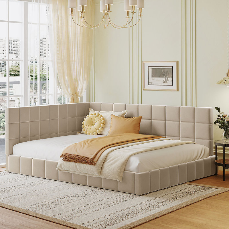 Upholstered Daybed/Sofa Bed Frame, Velvet, Beige