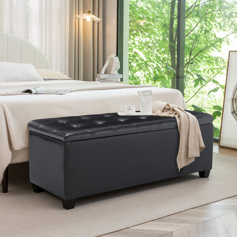 Banc de rangement en faux cuir 46,5 po Ebern Designs Glyn, Noir