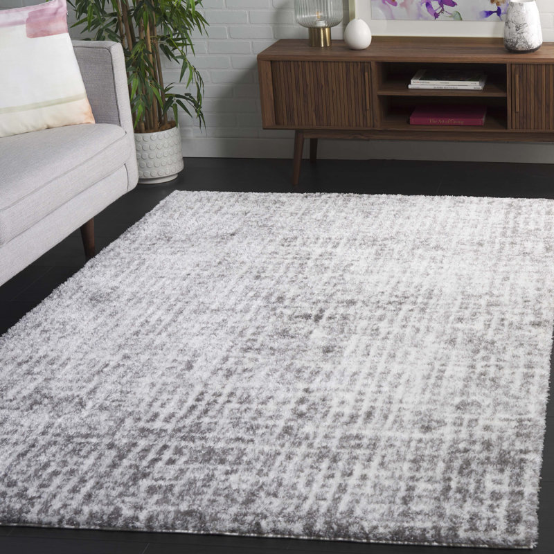 Ivory and Gray Rectangular Shag Area Rug, 5' x 7'