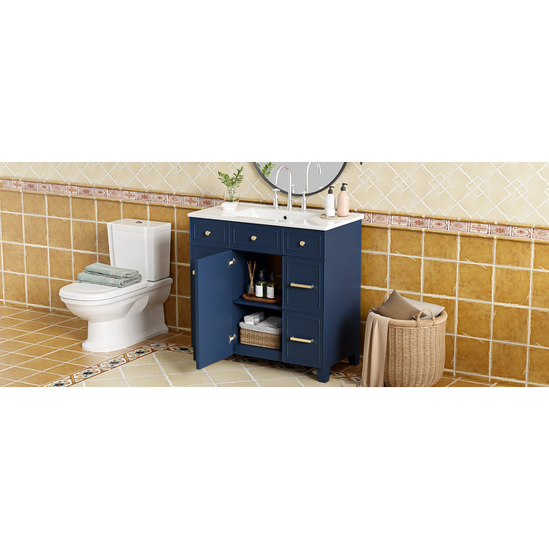 Meuble-lavabo 36 po avec lavabo en céramique, Bleu