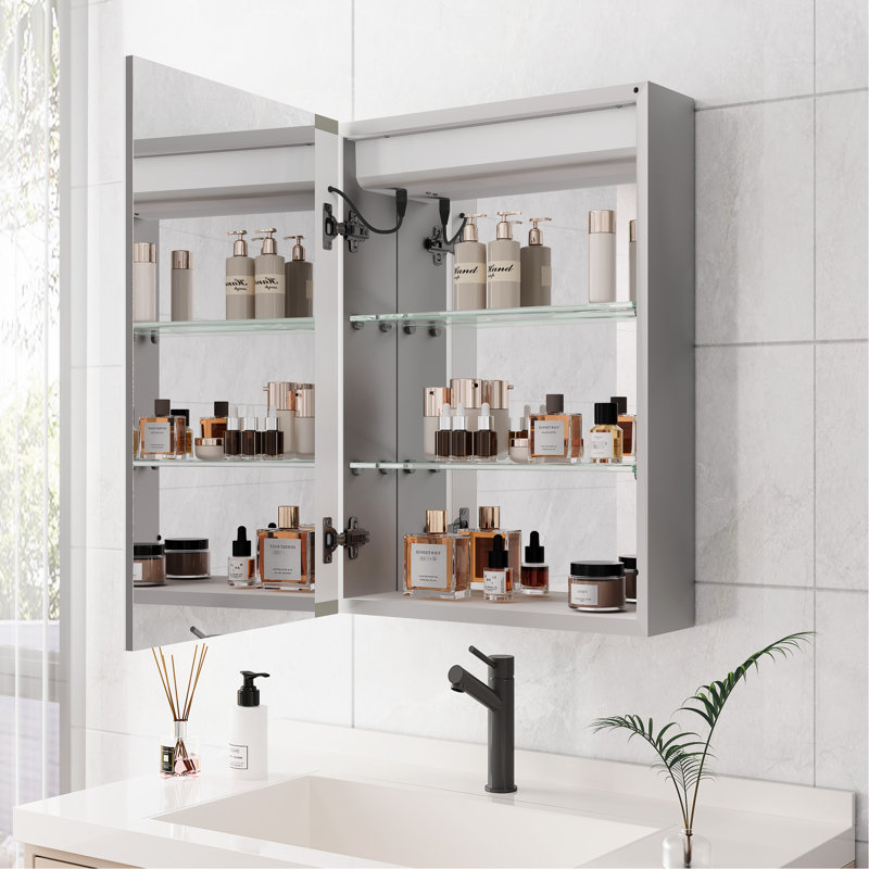 Armoire de toilette avec miroir de 28 à 20 pouces, éclairage DEL, variateur, affichage de l'heure et de la température, montage en surface, installation facile, 3 tiroirs numériques