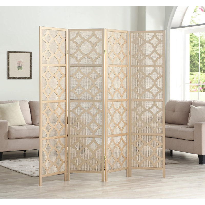 Gold Shoji-Inspired 4-Panel Folding Room Divider with Rice Paper Inlay