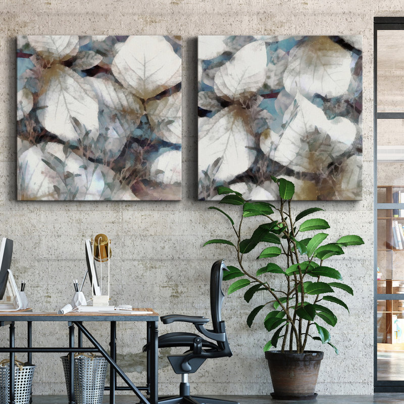 " Neutral Summer Leaves I " 2 - Pieces, 16" H x 16" W x 1" D