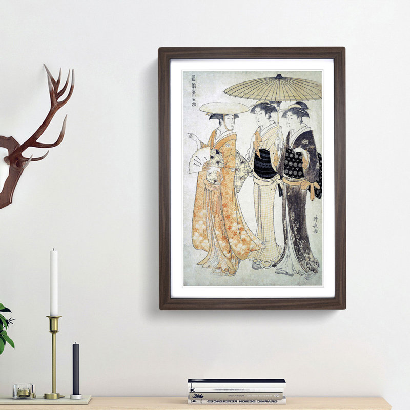 The Promenade by Torii Kiyonaga - Picture Frame Painting Print, 48cm H x 36cm W x 2cm D, Walnut Framed
