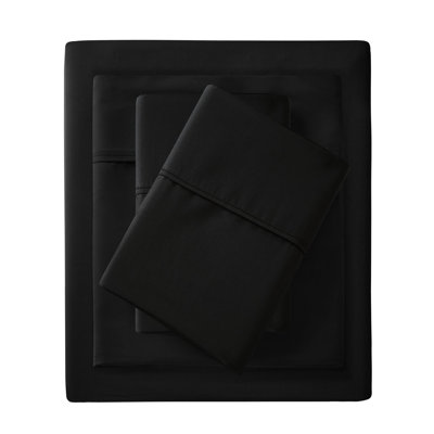 4 Pcs Black Cotton Blend Queen 1500 Thread Count Sheet , Wrinkle Weave With Finish, Flat Sheet, Elasticized Fitted For 18" Mattress, 2 Pillowcases, Machine Washable Weave, & Sheets,