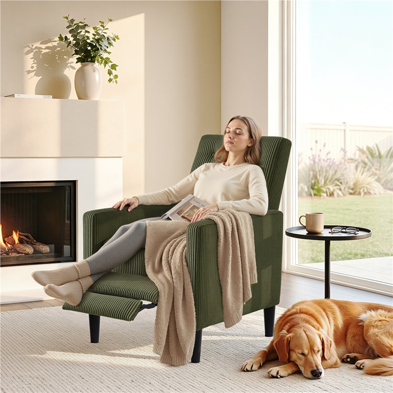 Corduroy Green Recliner Sofa  Chair with Adjustable Back and Footrest