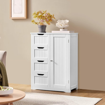 Large Floor Cabinet With 4 Drawers & Single Door, Freestanding Storage, White
