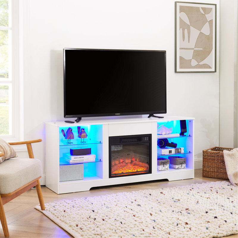 Meuble télé avec foyer électrique et différentes exigences de scène - Armoire blanche l 58 po x P 15,5 po H 24,4 po, largeur 58 po, 62 po