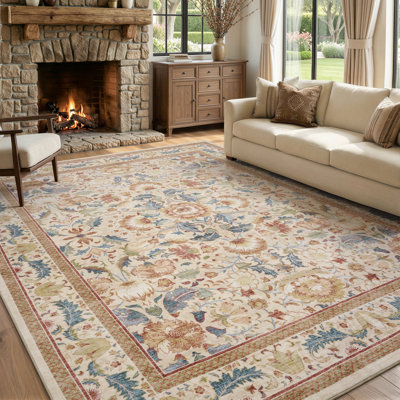 Soft Washable Non-Slip Vintage Floral Area Rug For Living Room And Bedroom In Warm Beige