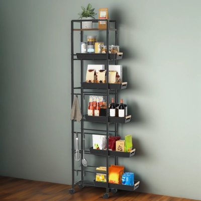 Slim Storage Cart with Pull-Out Baskets, Rolling Utility Cart with Wood Top and Wheels, Narrow Metal Shelving Unit for Kitchen, Bathroom, Laundry, Pantry, Black